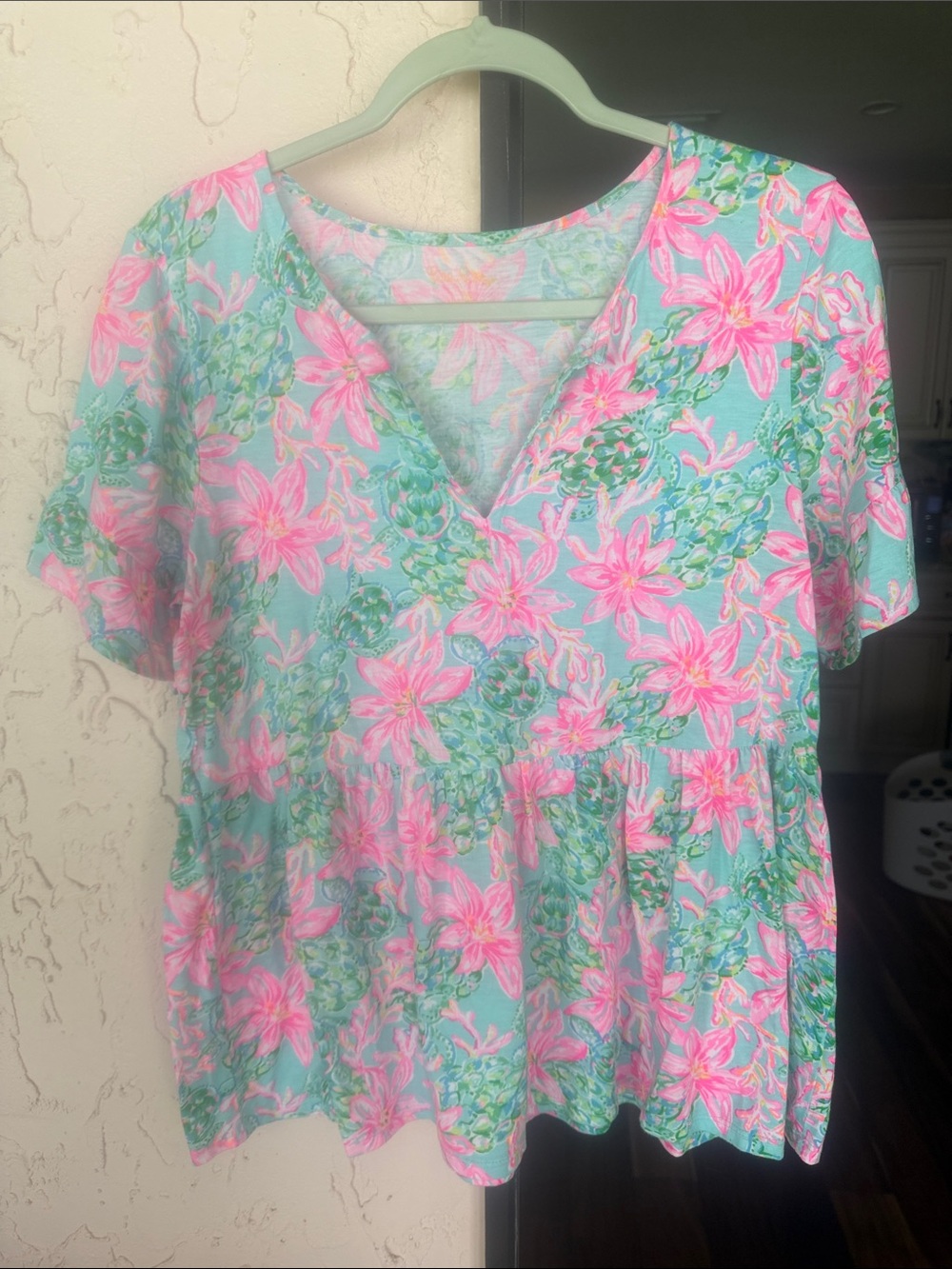 Lilly Pulitzer Aqua & Pink Floral V-Neck Tunic